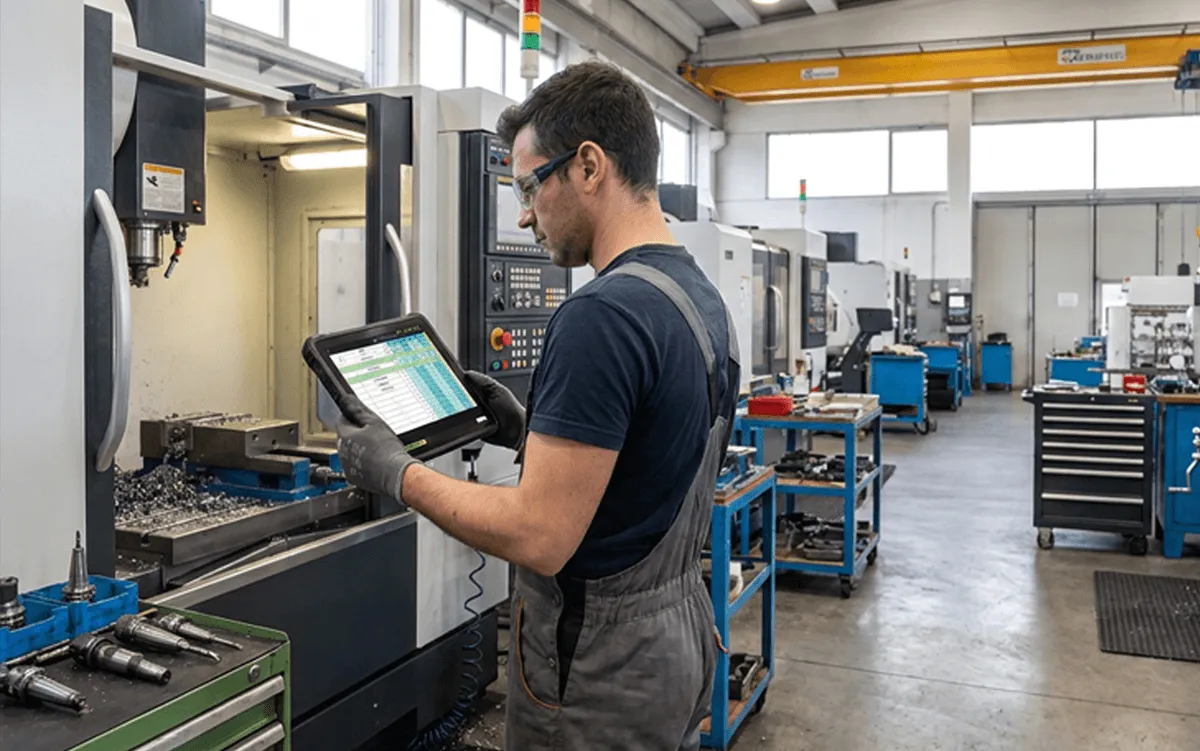 Operatore al lavoro davanti a una macchina utensile CNC